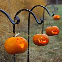 four pumpkins with faces carved into them hanging from a wrought iron stand in the grass