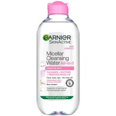 Remove daily dirt, makeup and SPF with Garnier’s Micellar Water Facial Cleanser and Makeup Remover for Sensitive Skin. The gentle yet effective cleanser works to sweep away waterproof and long-wear formulas from the face, eyes and lips.  Enriched with botanical glycerin to hydrate skin, the cleansing water nourishes the complexion and encourages a soothing and cooling effect. Micelle agents work to capture makeup and impurities, seeking to reveal a clarified and refreshed visage.  Vegan and cruelty-free. Garnier Micellar Water, Garnier Micellar Cleansing Water, Dirt Makeup, Gentle Face Cleanser, Garnier Micellar, Cleanser For Sensitive Skin, Garnier Skin Active, Micellar Cleansing Water, Cleansing Water