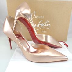 Nwt$900 Louboutin Iriza 85 Leche Silk Satin Metallic Leather Heel Pumps Sz 38.5 Color Leche (Rose Gold Pink) Gold Pink Laminated Leather Dcollet From Christian Louboutin. Lined Interior. Composition: Leather, Silk, Satin 85mm Heel (3.5") Sole: Leather Insole And Sole Pointed Toe Made In Italy Brand New!!! 100% Authentic With Original Box And Dustbags!! Tags: Fall, Autumn, Halloween, Winter, Christmas, Holidays. Spring, Summer. Mothers Day! Birthday Gift Anniversary Gift, Valentine's Gift, Christ Rose Gold 4-inch Heels For Formal Occasions, Feminine Gold Heels For Evening, Gold Feminine Evening Heels, Feminine Gold Evening Heels, High-end Pointed Toe Party Heels, High-end Pointed Toe Heels For Party, Gold Heels With Red Sole, Pink Closed Toe Heels For Galas, Luxury Leather Heels For Wedding