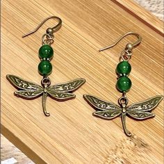 New Boho Jade Dragonfly Earrings With Brass Stainless Steel Ear Wires Dragon Fly Earrings, Fly Earrings, Easy Earrings, Sunstone Earrings, Hello Kitty Earrings, Patina Earrings, Rose Stud Earrings, Seashell Earrings, Beaded Earrings Diy