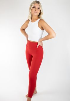 IDEAL FOR: Casual Wear, Dance, HITT, Lifting, Yoga + Pilates + Barre FEELS LIKE: Designed with a buttery soft fabric that offers the perfect amount of stretch and compression. Very Breathable. WHY WE LOVE THEM: Unbelievable flattering. Allow you to move freely while providing full support. EXTRAS: No front seam, which eliminates the camel toe look. Lint & Hair do not attract! Sizing Recommendations are as follows: 0/2-XS 4/6-S 8/10-M/L 12-XL Model Alexa in Bright Red Leggings is 6' and wearing a White Workout Outfit, High Neck Bra, Cute Workout Outfits, Pilates Barre, Lilac Grey, Hair Do, Buttery Soft Leggings, Red Leggings, Black Seamless