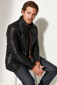 Handsome and heroic, the Bruno leather jacket is designed for daily wear. Its timeless style and rugged texture make it an instant classic, while its shearling collar and bib add warmth without added bulk. Tailored with a modern fit, Bruno is a wardrobe stand-out certain to accelerate your status. Winter Leather Biker Jacket With Double-needle Stitching, Classic Fitted Shearling Leather Jacket, Masculine Leather Jacket For Workwear In Winter, Rugged Winter Workwear Biker Jacket, Rugged Biker Jacket For Winter Workwear, Rugged Winter Biker Jacket For Workwear, Long Sleeve Leather Jacket For Cold Weather, Classic Winter Outerwear With Leather Lining, Leather Biker Jacket For Cold Weather