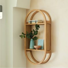 a wooden shelf with plants and vases on it