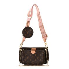 This is an authentic LOUIS VUITTON Monogram Multi Pochette Accessories in Rose Clair. This hybrid crossbody bag is crafted of monogram and mini monogram canvas in brown. The set features a pochette accessoires, a mini pochette, an adjustable pink jacquard shoulder strap with removable coin purse, and a chain strap for added versatility. The pochettes open to brown fabric interiors. The coin purse opens to an ivory crossgrain leather interior. Louis Vuitton Monogram Bag, Pochette Accessories, Louis Vuitton Crossbody Bag, Louis Vuitton Clutch, Louis Vuitton Crossbody, Louis Vuitton Vernis, Louis Vuitton Damier Azur, Louis Vuitton Pochette, Louis Vuitton Shoulder Bag