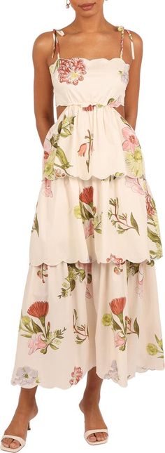 Petal & Pup Adelaide Scallop Cutout Tie Strap Maxi Dress | Nordstrom Maxi Design, Native Dress, Floral Bridesmaid Dresses, Strap Maxi Dress, Floral Pattern Dress, Scalloped Trim, Strapless Maxi Dress, Linen Maxi Dress, Pleated Maxi Dress