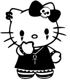 a hello kitty with a skull on her head and a black dress is standing in front of a white background