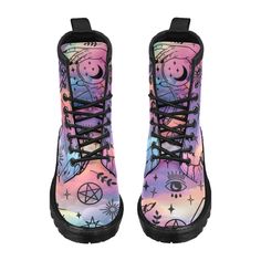 🧙‍♀️ These witch boots are a must-have for any fashion-forward individual. Whether you're going for a witchy, gothic, or magickal vibe, these boots are the perfect addition to your streetwear look. 🪄 With their stylish lace-up design, they can be paired with any outfit for a polished and put-together appearance. Get ready to turn heads and make a statement with these boots on your feet! 🔮 Spread your dark aesthetic everywhere you hex, in these mystical kicks that are sure to produce magical effects with every step. 👞 Go on, complete your mystical lewk! 🧙‍♀️ • Made of synthetic leather vamp and tongue.• Black raw rubber outsole.• Thick lace and metal eyelets• Faux suede lining and foamed insole, wearing soft and comfortable.• Features rear pull-loop, easy to put on and off.• Hand wash Halloween Cosplay Lace-up Boots, Gothic Moto Boots For Halloween Cosplay, High-top Boots For Cosplay In Winter, Gothic Moto Boots For Cosplay In Fall, Gothic Moto Boots For Fall Cosplay, Gothic Moto Boots For Cosplay And Fall, Trendy High Ankle Boots For Alternative Fashion, Casual High-top Boots For Alternative Fashion, Gothic High-top Combat Boots For Streetwear