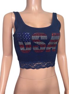 Summer Stretch Crop Top With Rhinestones, Sleeveless Rhinestone Crop Top For Summer, Sleeveless Crop Top With Rhinestones For Summer, Summer Stretch Tank Top With Rhinestones, Lace Trim Crop Top Tank Top, Rhinestone Crop Top, Bling Rhinestones, Bra Tank, 4th July