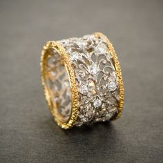 A lovely intricate vintage Buccellati wedding band. Circa 1970. Luxury Gold Diamond Ring With Intricate Design, Ornate Gold Diamond Ring With Rose Cut, Elegant Gold Diamond Ring For Ceremonial Occasions, Elegant Filigree Ring With Single Cut Diamonds For Wedding, Luxury Yellow Gold Diamond Ring With Filigree, Luxury Wedding Diamond Ring With Decorative Band, Gold Filigree Ring With Brilliant Cut In Luxury Style, Luxury Formal Filigree Ring With Rose Cut Diamonds, Luxury Formal Filigree Ring With Single Cut Diamonds