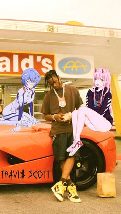 three people sitting on the hood of a car in front of a store with an advertisement