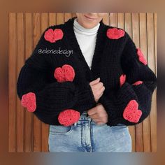 Our special design cardigan with heart print is with you! It is 100% handmade. the color is black, it fits size S M and L Knitted as large size. You can contact us for color change. We will be happy to answer your questions. - SHİPPİNG - Fast shipping It is shipped within one working day after the order. - PACKAGING - Hand-made accessories suitable for the model are sent free of charge to our valued customers. The products are packaged and sent to you without any damage. I make gift packages upo Cute Black Long Sleeve Cardigan, Black Long Sleeve Cute Cardigan, Cute Black Cardigan For Fall, Black Chunky Knit Acrylic Cardigan, Trendy Black Chunky Knit Cardigan, Handmade Black Casual Cardigan, Black Handmade Casual Cardigan, Handmade Casual Black Cardigan, Casual Black Handmade Cardigan