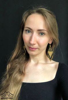 Gold Black Shining Beaded Earrings Crystal Earrings Evening - Etsy Ukraine Geometric Beadwork, Beadwork Earrings, 4c Natural, 4c Natural Hair, Long Fringe, Long Fringes, Earrings Geometric, Earrings Crystal, Earrings Long