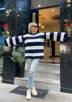 Step into style with our women's striped mohair sweater. The classic navy blue and white stripes offer a timeless look, making it a versatile addition to any wardrobe. 💙Each of our pullovers is hand-knit, ensuring a unique and personal touch. The craftsmanship speaks of quality and care, perfect for those who appreciate artisanal beauty. 🌟 Experience the softness and comfort of our nautical pullover. The mohair blend provides warmth without the weight, ideal for staying cozy on cooler days. ⚓ Nautical inspired by the serene colors of the sea, the navy blue and white palette brings a sense of calm and sophistication to your outfit, suitable for both casual and formal occasions. 📏 Size for Every Woman: Available in multiple sizes, our sweater is designed to flatter every figure. Consult o