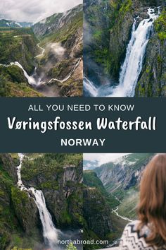 a woman standing in front of a waterfall with the words, all you need to know varingsfossen waterfall norway