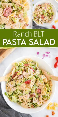 this pasta salad is loaded with chicken, lettuce and tomatoes it's ready to be eaten