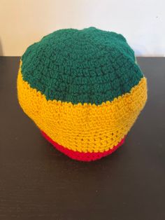 Tam made of cotton thread. Stretches to fit most adult heads. Green, yellow and Red Rasta colors!! Yellow Cotton Beanie Hat, Yellow Cotton Hat (one Size Fits Most), Handmade Yellow Cotton Hats, Multicolor Cotton Crochet Beanie Hat, Multicolor Cotton Crochet Hat, Multicolor Cotton Crochet Hat, One Size, Rasta Colors, Cotton Thread, Green Yellow