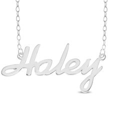 "Amanda" Laser Cut 925 Sterling Silver Name Rolo Necklace - Personalized Custom "Haley"  Laser Cut 925 Sterling Silver Name Rolo Necklace - Personalized Custom "Haley" Laser Cut 925 Sterling Silver Name Rolo Necklace - Personalized Custom Sterling Silver Personalized Name Necklace on a beautiful Rolo/Trace Chain. Personalized in Alako Font style  with Name - Haley -  Comes complete with superior mirror polish. Name Necklace details:  - Sterling Silver 925  - Personalized Name Necklace with Name: Haley  - Thickness: 1mm of solid Sterling Silver  - Chain style: Rolo/Trace Chain in solid Sterling Silver  - Length: 16 inches BRAND NEW and custom laser cut. This is USA's most popular script font Necklace and the perfect gift for any occasion. Hand made and polished in the UK out of solid 1 mm t Popular Script Fonts, Name Plate Necklace, Necklace Pendent, Necklace With Name, Silver Chain Style, Plate Necklace, Pendent Necklace, Font Style, Necklace Personalized