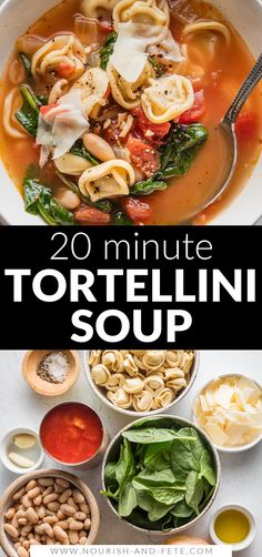 tortellini soup in a white bowl with spinach leaves and other ingredients