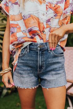 - These high waist shorts are giving summer vibes! - Unlined denim material with subtle fading and distressed detail - A waistline with belt loops, a hidden zip fly, and button closure - A flattering silhouette that ends in unfished frayed hemlines Mid-rise Medium Wash Jean Shorts With Belt Loops, High Rise Dark Wash Washed Shorts, High-rise Dark Wash Washed Shorts, Summer High-waisted Jean Shorts With Belt Loops, Jean Shorts With Belt Loops For Summer, Medium Wash Washed Shorts, Medium Wash Cutoff Jean Shorts With Belt Loops, Faded High Rise Denim Jean Shorts, Light Wash High-waisted Jean Shorts