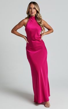 Alycia Maxi Dress - High Neck Tie Back Slip in Pink | Showpo USA Showpo Dress, Pink A Line Dress, Make Memories, The Dance, Dance Floor, Tie Backs, Tie Back, Formal Event, Neck Tie