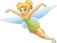 a cartoon tinkerbell is flying with her arms out and legs spread wide in the air