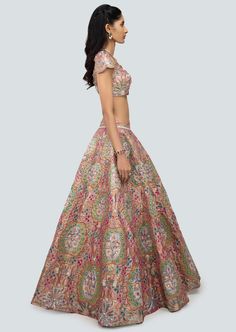 Rose dust multicolored applique and heavy embellished kali tissue lehenga with cap sleeve blouse and scallop net dupatta. Multicolor Tissue Silk Sharara For Reception, Elegant Multicolor Embellished Lehenga, Festive Multicolor Gown With Floral Embroidery, Festive Multicolor Floral Embroidered Gown, Multicolor Organza Lehenga With Intricate Embroidery, Multicolor Silk Lehenga With Intricate Embroidery, Multicolor Tissue Silk Choli For Reception, Multicolor Resham Embroidered Tissue Silk Lehenga, Multicolor Tissue Silk Dress With Dupatta