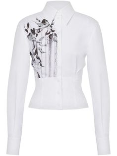 white/black cotton blend classic collar front button fastening floral print to the front fitted waistline long sleeves buttoned cuffs straight hem Airport Fashion, Alberta Ferretti, Lady Dior, Dream Wardrobe, Black Cotton, Printed Cotton, Different Styles, Christian Dior, Alexander Mcqueen