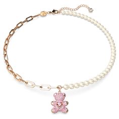 Raise a smile with this playful teddy bear pendant. The heart-warming design is worn on a necklace of Swarovski Crystal Pearls and a rose gold-tone plated chain with a teddy motif embellished with pink crystals. At its center, the teddy holds a pink Swarovski Zirconia dancing stone that provides constant light-catching motion. Wear yours with a matching bracelet to complete the set. Teddy Bear Pendant, Bear Pink, Mode Zara, Pink Swarovski, Bear Necklace, Bear Pendant, Swarovski Necklace, Jewelry Lookbook, Matching Bracelet