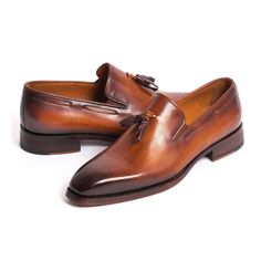 Paul Parkman Handmade Shoes Men's Brown Calf-skin Leather Goodyear Welted Tassel Loafers 51TS-BRW (PM5918)-AmbrogioShoes Timeless Shoes, Loafers For Men, Brown Leather Loafers, Hand Painted Leather, Tassel Loafers, Painting Leather, Shoe Size Conversion, Goodyear Welt, Handmade Shoes