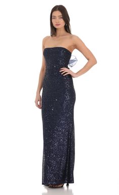 Sequin Strapless Maxi Dress in Navy Midnight Blue Prom Dresses, Winter Formal Dresses Long, Themed Prom Dresses, Navy Blue Long Dress, Navy Sequin Dress, Anastasia Dress, Homecoming Dresses Sparkly, Winter Formal Dresses, Long Blue Dress