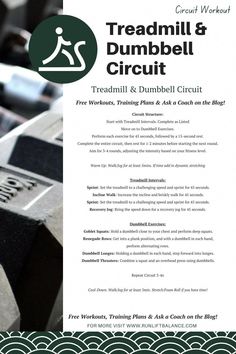 an advertisement for treadmill and dumbbell circuit