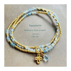 Aquamarine pearl bracelet or as a necklace in light blue and gold. This blue and gold multifunctional piece of jewelry is the perfect gift for women and girls. The delicate wrap bracelet made of high-quality gold-plated Miyuki beads and light blue aquamarine beads is a beautiful accessory for your style. ✨Aquamarine has a soothing effect on the soul and spirit. It promotes clarity and inner peace and thus creates more serenity. The bracelet can be worn once as a necklace around the neck, twice a Blue Pearl Necklace, Gemstone Wrap Bracelet, Light Blue Gemstone, Pearl Bracelet Gold, Aquamarine Beads, Bracelet Chain, Miyuki Beads, Aquamarine Gemstone, Blue Pearl