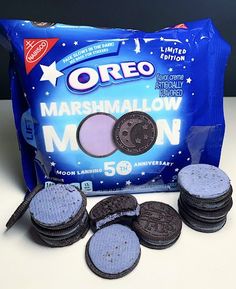 oreo marshmallow moon cookies are on the table next to it's bag