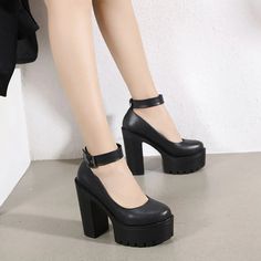 LBSFY - 5cm Waterproof Platform New Fashion Round Toe Pumps Square High Heels Ankle Strap Black Sexy Women Shoes 38 39 40 Front platform:5cm Back heels:13cm Front platform:5cm Back heels:13cm Front platform:6cm Back heels:14cm Square High Heels, Colored Tights, Round Toe Pumps, Roman Fashion, Stunning Shoes, Chunky High Heels, Super High Heels, Black Platform, Thick Heels