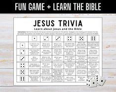 Jesus Trivia Dice Game A Christian icebreaker game + great way to learn/memorize the Bible Have a blast playing this Jesus Trivia dice game. Whether you are looking for a fun icebreaker game for your ministry, trying to teach your kids about Jesus and the Bible, or are trying to learn/memorize more about the Bible yourself, this is a great Christian activity for you. Not only will you have fun with this easy to use Bible game, but you will be reminded of God's truth at the same time. Works great Bible Picnic, Youth Bible Study Lessons, Men's Ministry, Christian Games, Fun Icebreaker Games, Bible Study Activities, Kids Church Activities, Youth Bible Study, Bible Trivia