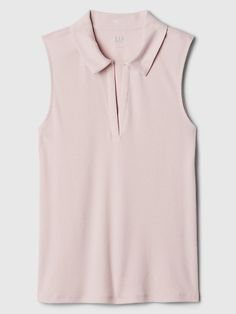 Ribbed Sleeveless Polo Shirt | Gap Factory Casual Ribbed Sleeveless Top, Fitted Collared Tops With Ribbed Neckline, Fitted Collared Top With Ribbed Neckline, Trendy Sleeveless Tops For Workwear, Trendy Pink Top With Ribbed Collar, Stretch Collared Top For Work, Collared Stretch Top For Work, Ribbed Workwear Tops With Collared Neckline, Ribbed Collared Neckline Top For Work