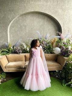 "PREORDER AND CUSTOM ORDER ONLY* All dresses are made to order This luxurious dress of Little Amaira is for your princess. Gorgeous dress perfect for Flower girl, Gala or Princess theme.  * Ruched tulle bodice with layer of lush floor length skirt, ruffles at the bottom of the gown. Satin and cotton lining for comfort. Hand stitched satin flowers and organza butterflies with crystals , ostrich feathers and pearls.  Tulle bow on shoulder and panel(can be customized) *Steam to make it fluff *Can b Pink Princess Bridesmaid Dress, Pink Princess Bridesmaid Dress For Dress-up, Pink Princess Bridesmaid Dress For Formal Occasions, Princess Style Bridesmaid Ball Gown, Pink Princess Dress With Tulle Skirt For Pageants, Princess Ball Gown For Bridesmaid Pageant, Pink Tulle Gown For Dress-up, Pink Tulle Pageant Dress For Wedding, Pink Tulle Gown For Dress-up Occasions