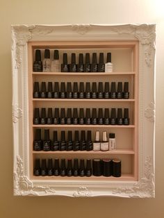 Decorative shadowbox/display shelf perfect  for storing nail polish and cosmetics. Fully customizable. Different frames, colors, and finishes are available. Add some beauty to your vanity area! Ikea Nail Polish Storage, Organizing Hair Products In Bedroom, Nail Varnish Storage, Nail Polish Shelves, Cologne Display, Frame Upcycle, Storing Nail Polish, Upcycle Frames, Shadowbox Display