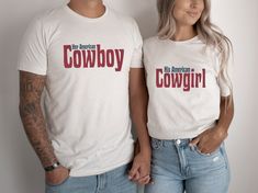 These cute cowboy and cowgirl shirts are perfect year-round, but would be especially perfect for the 4th of July. His shirt says "Her American Cowboy" and her shirt says "His American Cowgirl". These shirts come in black and white and are printed on the super popular and comfy Bella + Canvas 3001. More info regarding the shirts below. This item generally ships out in 3-5 business days, but if you need it in a crunch, please reach out before ordering to see if there are options for you to receive I Only Kiss Cowboys Shirt, Relaxed Fit Summer T-shirt For Rodeo, Loved By A Cowboy Shirt, Western Style Cotton T-shirt For Rodeo, Country Style Short Sleeve T-shirt For Rodeo, Funny Couple Shirts, Couple Tees, Rodeo Shirts, Couples Outfit