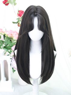 Get the perfect curtain bangs look with our black-brown long straight synthetic wig! This high-quality wig is designed to give you the trendy curtain bangs hairstyle without the commitment. Made with long, straight synthetic fibers, it provides a natural and effortless look. Whether you're looking to switch up your style or add some drama to your outfit, this wig is the perfect accessory.   Please note that this product includes only the wig.  Garment Size   	 		 			Size 			Free Size 		 		 			Hair Length 			65 Straight Hair With Straight Bangs, Long Black Hair With Curtain Bangs, Haircuts Long Bangs, Straight Bangs With Long Hair, Long Hair With Long Bangs, Perfect Curtain Bangs, Korean Wig, Curtain Bangs Hairstyle, Hair Without Bangs