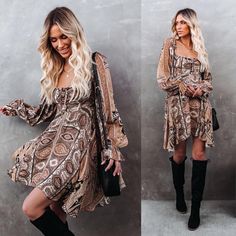 Never Worn, But Removed Tags. Size Medium. Long Sleeve Brown Dress With Boho Print, Brown Long Sleeve Boho Print Dress, Chic Fitted Mini Dress With Boho Print, Fitted Chic Mini Dress With Boho Print, Brown Mini Dress For Winter Date Night, Brown Mini Dress For Date Night In Winter, Brown Bohemian Dress For Fall, Bohemian Brown Dress For Fall, Bohemian Brown Dresses For Fall