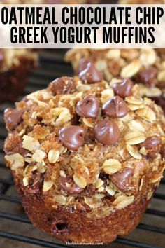 oatmeal chocolate chip greek yogurt muffins on a cooling rack