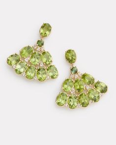 18K Yellow Gold Oval Fan Earring with Peridot, Green Tourmaline, Green Amethyst, and Diamonds, .03 TCW1 1/2 Inch Long x 1 1/4 Inch Wide Style# YEOFPDGTGAW Luxury Green Multi-stone Earrings, Yellow Gold Tsavorite Gemstone Earrings, Formal Peridot Drop Earrings, Elegant Multi-stone Peridot Gemstones, Formal Multi-stone Peridot Jewelry, Green Amethyst Jewelry, Peridot Jewelry, Peridot Earrings, School Jewelry