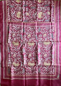 "Pink Hand Embroidered Kantha Stitch Saree with Blouse piece | Pure Bangalore Silk Saree | Kantha Hand Work | Party Wedding Wear pure Silk Saree with silk mark Wedding wear saree, party wear saree, pure silk saree, hand embroidered saree, hand work saree. This is authentic hand embroidered Kantha Stitch Saree. The unique thread Kantha embroidery design is entirely handcrafted by our skilled artisans. The most significant aspect of hand embroidery is the running stitch pattern. The running blouse piece is included with this premium quality pure silk saree. Saree Length : 5.5 mtr Blouse Piece Length : 0.8 mtr Weight : 400 gm approx Design : Hand Kantha stitch Work The fabric is best quality Pure Bangalore Silk. Each Saree takes 8-10 months to complete.  Wash care - Dry clean only. SLIGHT DIF Kantha Stitch Saree, Kantha Work Sarees, Stitch Saree, Saree Party, Kantha Embroidery, Embroidered Saree, Party Kleidung, Kantha Work, Kantha Stitch