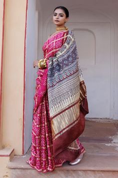 Magenta pink gharchola bandhani gajji silk saree with ajrakh hand block print zari pallu. Comes with ajrakh hand block print beige unstitched blouse piece. - Aza Fashions Pink Bandhani Print Pre-draped Saree For Festivals, Bohemian Bandhani Print Saree For Transitional Season, Pink Bohemian Pre-draped Saree For Festivals, Pink Chanderi Traditional Wear With Block Print, Pink Block Print Saree For Navratri, Pink Block Print Traditional Wear For Navratri, Pink Block Print Traditional Wear For Puja, Pink Traditional Wear With Block Print For Navratri, Bohemian Bandhani Print Saree For Traditional Ceremonies