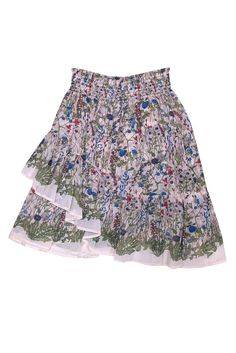 This Maje skirt is blooming with fresh florals on a cream background, giving it a feminine and charming feel. The romantic ruffles add a playful touch, while the smocked waist ensures a comfortable and flattering fit. Style with sandals for a lovely brunch look or add a leather jacket and booties for a chic autumn ensemble. Size 6 (38) Main 100% Polyester Lining 100% Viscose Crepe de chine Pull-on Elasticated waistband Ruffled Waist (unstretched) 21.5" Length 19" Spring Floral Print Skirted Bottoms, Chic Ditsy Floral Print Skirt For Spring, Tiered Floral Print Skirt, Flowy Tiered Floral Print Skirt, Spring Floral Print Bottoms For Garden Party, White Ruffle Hem Skirt For Spring, Flowy Floral Print Skirted Bottoms, Chic Ditsy Floral Print Summer Skirt, White Tiered Bottoms For Spring