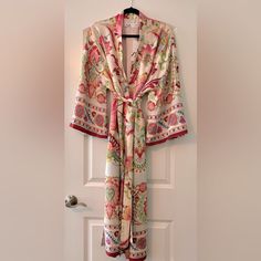 Gorgeous Zara Colorful Floral Kimono Robe New With Tags Stunning Size Xs Side Pockets Ties With Belt 50in Shoulder To Hem Spring Floral Print Fitted Robe, Fitted Floral Print Spring Robe, Fitted Floral Print Robe For Spring, Long Floral Print Sleepwear For Spring, Pink Sleepwear With Kimono Sleeves For Spring, Multicolor Silk Robe For Spring, Pink Silk Long Sleeve Sleepwear, Pink V-neck Spring Robe, Silk Sleepwear With Floral Print For Spring