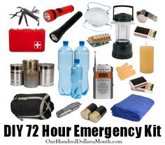 DIY 72 Hour Emergency Kit on $100 A Month at http://www.onehundreddollarsamonth.com/diy-72-hour-emergency-kit/ 72 Hour Emergency Kit, Emergency Survival Kit, Survival Supplies, Emergency Supplies