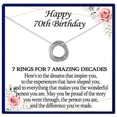 a happy 70th birthday card with an image of a necklace and roses on the front