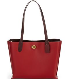 From COACH&#x2C; the Willow Colorblock and Signature Interior Tote Bag features:Polished pebble leather and Signature coated canvasTurnlock and magnetic snap closuresCenter zip compartmentDouble handles Four protective feet at baseApprox. 13.5" L x 10.75" H x 5.75" W bag; 11.5" handle dropImported. Coach Coated Canvas Bags For Work, Coach Coated Canvas Shoulder Bag For Work, Rectangular Coated Canvas Bag With Magnetic Closure, Coach Bags With Leather Trim And Coated Canvas, Classic Red Bags With Leather Trim, Everyday Shoulder Bag With Magnetic Closure In Coated Canvas, Coach Bag With Magnetic Closure For Daily Use, Coach Leather Shoulder Bag With Magnetic Closure, Daily Use Coated Canvas Shoulder Bag With Magnetic Closure